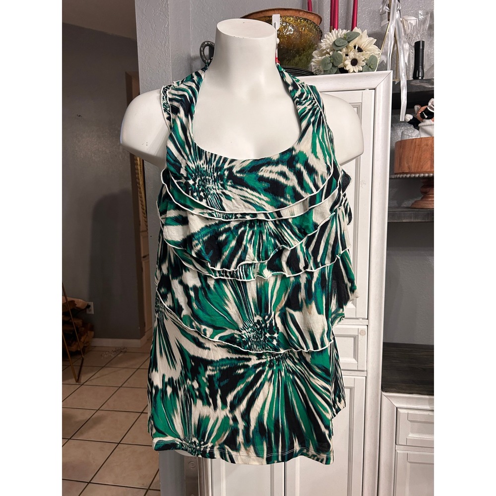 Worthington Woman Green Black Abstract Ikat Ruffle Halter Top Plus 3X - Picture 10 of 10